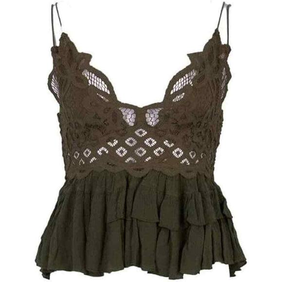 Free People Adella Cami Medium Lace Ruffled Tank Top in Olive Sparrow color - Picture 2 of 3